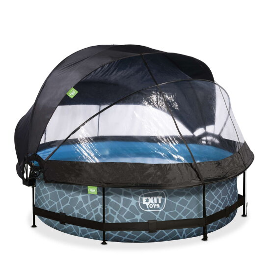 Piscine EXIT Stone &oslash;300x76cm avec pompe filtrante et d&ocirc;me et voile d'ombrage - grise
