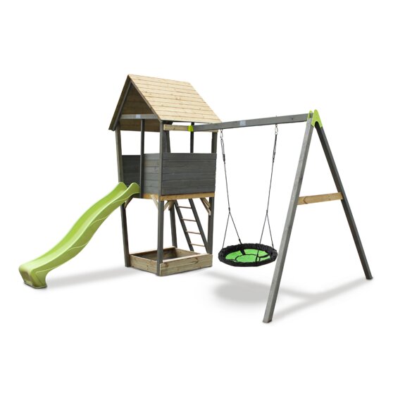 Tour de jeux en bois avec 1 balançoire nid EXIT Aksent - gris