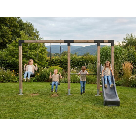 EXIT Linea Robust 110 Balan&ccedil;oire double en bois avec barre fixe et toboggan