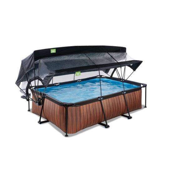 Piscine EXIT Wood 220x150x65cm avec pompe filtrante et d&ocirc;me et voile d'ombrage - marron