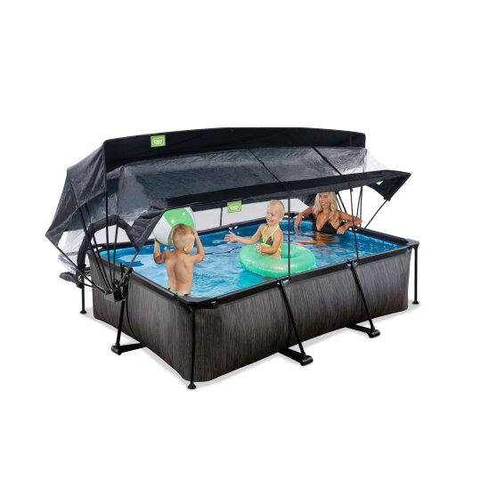 Piscine EXIT Black Wood 220x150x65cm avec pompe filtrante et d&ocirc;me et voile d'ombrage - noir