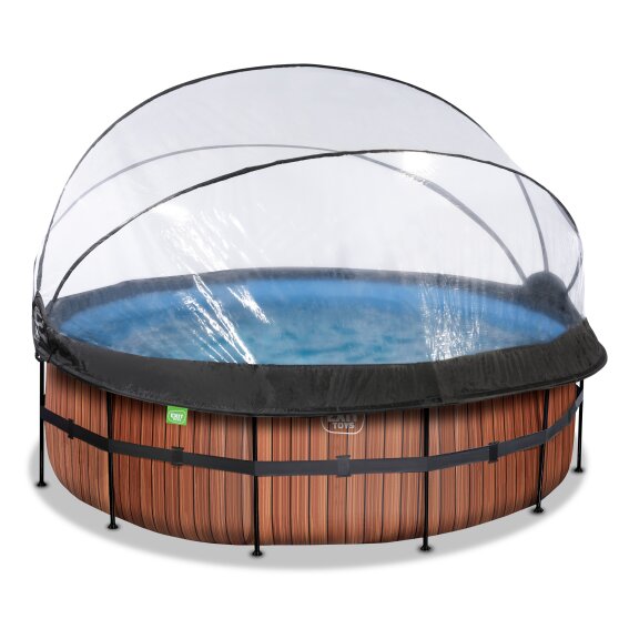 Piscine EXIT Wood ø427x122cm avec pompe filtrante à sable et dôme - marron