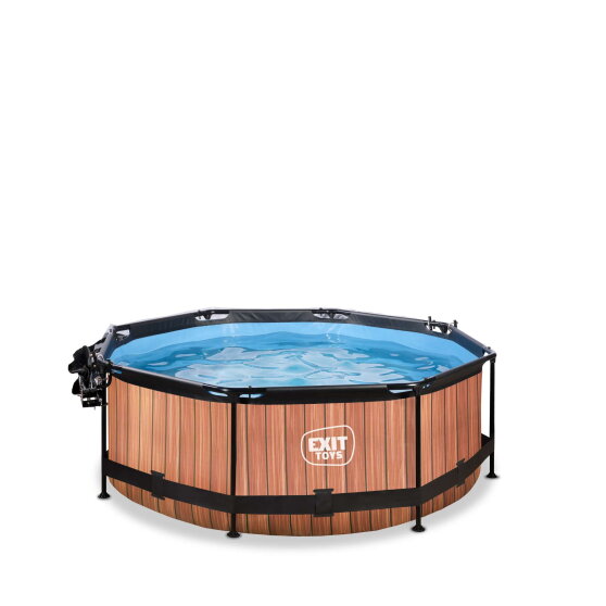Piscine EXIT Wood &oslash;244x76cm avec pompe filtrante et d&ocirc;me et voile d'ombrage - marron