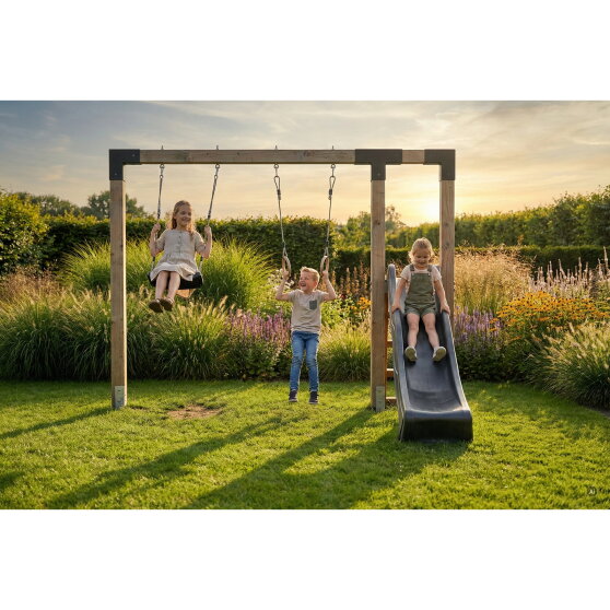 EXIT Linea Robust 110 Balançoire en bois avec toboggan et anneaux de gymnastique
