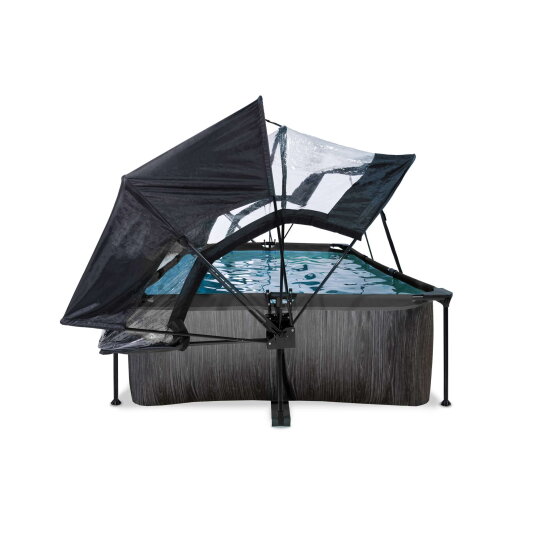 Piscine EXIT Black Wood 220x150x65cm avec pompe filtrante et d&ocirc;me et voile d'ombrage - noir