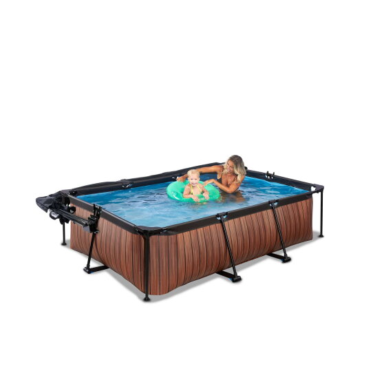 Piscine EXIT Wood 220x150x65cm avec pompe filtrante et d&ocirc;me et voile d'ombrage - marron