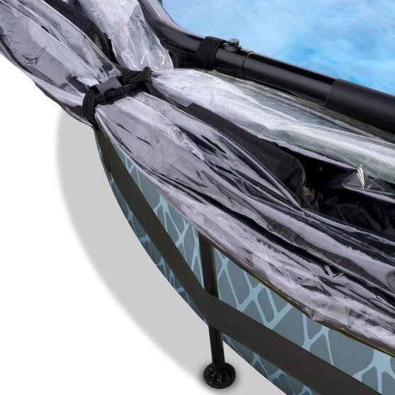 Piscine EXIT Stone &oslash;300x76cm avec pompe filtrante et d&ocirc;me et voile d'ombrage - grise