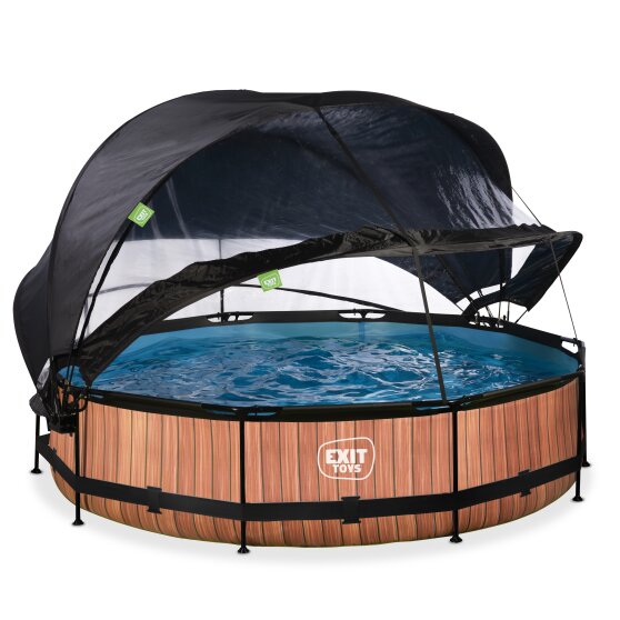 Piscine EXIT Wood ø360x76cm avec pompe filtrante et dôme et voile d'ombrage - marron