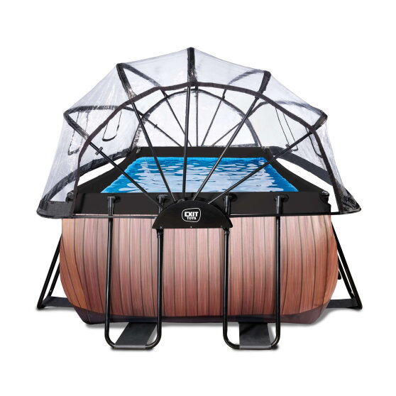 Piscine EXIT Wood 400x200x122cm avec pompe filtrante &agrave; sable et d&ocirc;me et pompe &agrave; chaleur - marron