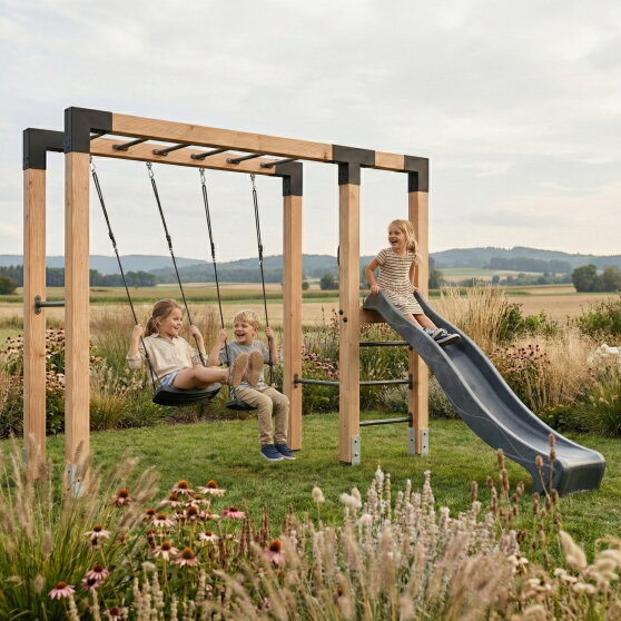 EXIT Linea Robust 110 Barre de singe en bois avec balançoire double et toboggan