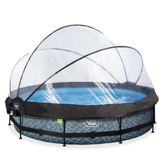 Piscine EXIT Stone &oslash;360x76cm avec pompe filtrante et d&ocirc;me et voile d'ombrage - grise