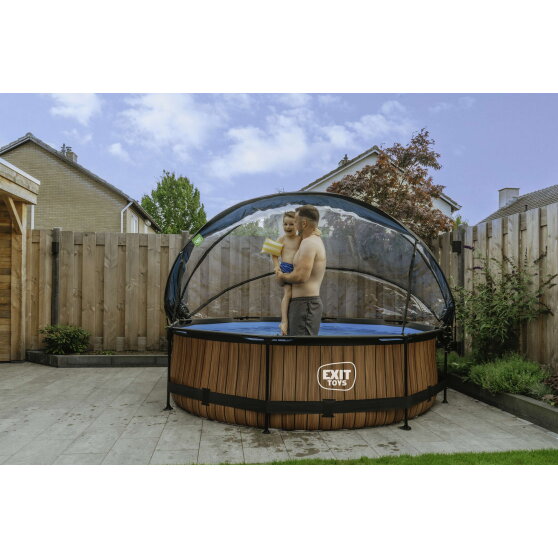 Piscine EXIT Wood ø300x76cm avec pompe filtrante et dôme - marron