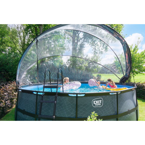 Piscine EXIT Stone ø488x122cm avec pompe filtrante à sable et dôme et pompe à chaleur - grise