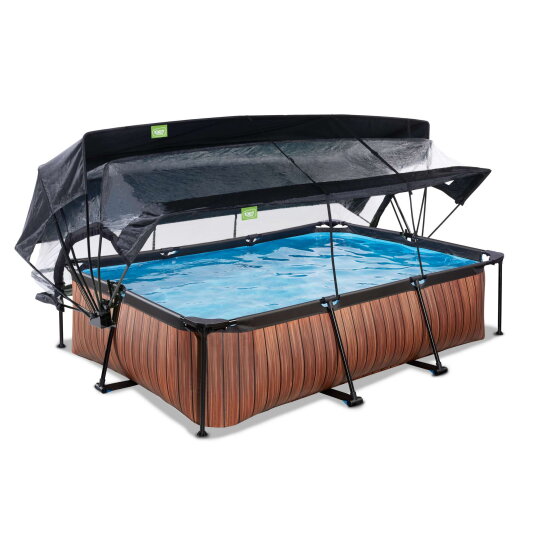 Piscine EXIT Wood 300x200x65cm avec pompe filtrante et d&ocirc;me et voile d'ombrage - marron