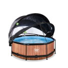 Piscine EXIT Wood &oslash;244x76cm avec pompe filtrante et d&ocirc;me et voile d'ombrage - marron
