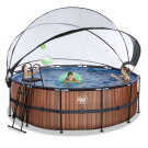 Piscine EXIT Wood ø427x122cm avec pompe filtrante à sable et dôme et pompe à chaleur - marron