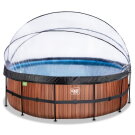 Piscine EXIT Wood ø450x122cm avec pompe filtrante à sable et dôme et pompe à chaleur - marron