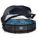 Piscine EXIT Black Wood ø360x76cm avec pompe filtrante et dôme et voile d'ombrage - noir