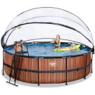 Piscine EXIT Wood ø488x122cm avec pompe filtrante à sable et dôme - marron