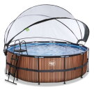 Piscine EXIT Wood &oslash;427x122cm avec pompe filtrante &agrave; sable et d&ocirc;me et pompe &agrave; chaleur - marron