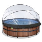Piscine EXIT Wood ø427x122cm avec pompe filtrante à sable et dôme et pompe à chaleur - marron