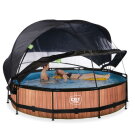 Piscine EXIT Wood &oslash;360x76cm avec pompe filtrante et d&ocirc;me et voile d'ombrage - marron