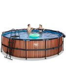 Piscine EXIT Wood ø488x122cm avec pompe filtrante à sable et dôme et pompe à chaleur - marron