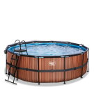 Piscine EXIT Wood ø427x122cm avec pompe filtrante à sable et dôme et pompe à chaleur - marron
