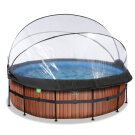 Piscine EXIT Wood ø427x122cm avec pompe filtrante à sable et dôme et pompe à chaleur - marron