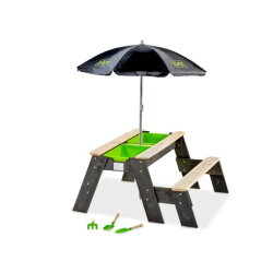 Table d'activités, sable et eau, et de pique-nique (1 banc) avec parasol et outils de jardinage EXIT Aksent