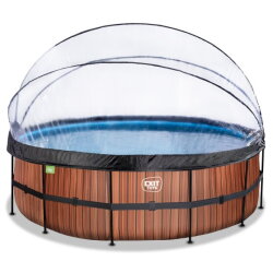 Piscine EXIT Wood ø450x122cm avec pompe filtrante à sable et dôme et pompe à chaleur - marron