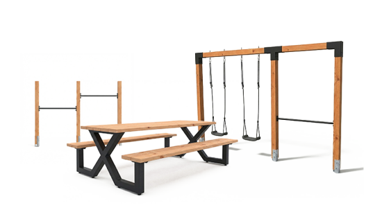 Structure de jeu en bois avec double balan&ccedil;oire, barre fixe et table de pique-nique avec pi&egrave;tement en acier.